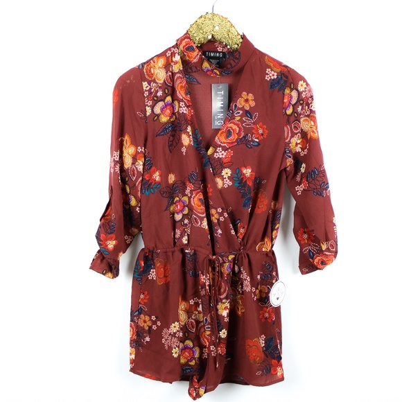 Red Floral Long Sleeve Drawstring Choker Romper - Picture 5 of 7